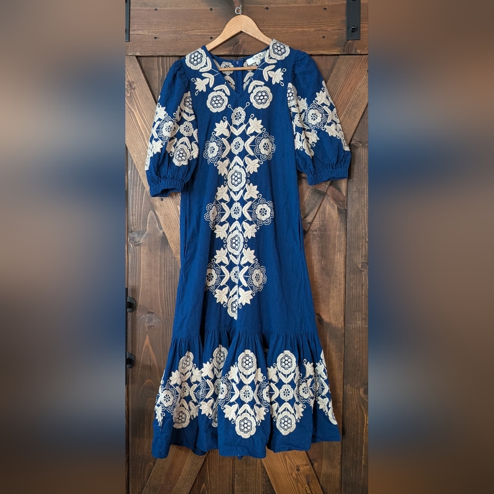 Sea New York Navy Dress with Cream Embroidery